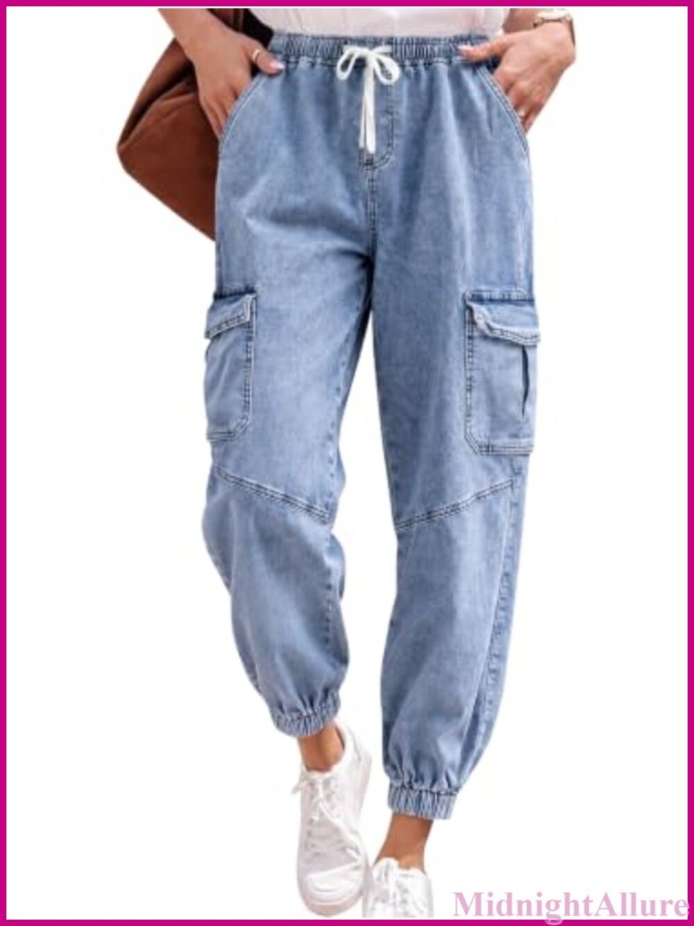 Jean Joggers Women Drawstring Waist Stretch Cargo Denim Joggers